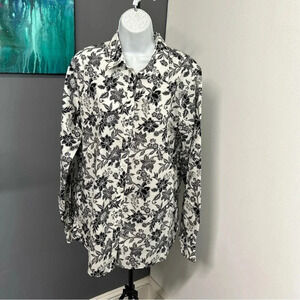 Lands End Women's Size 18 Tall‎ No Iron Supima Floral Button Shirt Black White